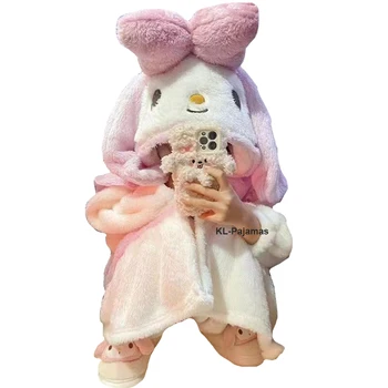 Rózsaszín Aranyos Anime Rajzfilm Flanel Hálóingre Női Pizsama Téli Sűrűsödik Hálóing Homewear Plüss Meleg Sleepshirts A Nagy Íj