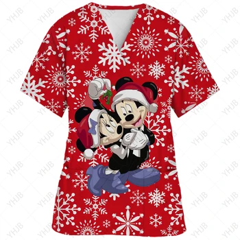 Karácsonyi Minnie Mouse póló V Nyakú Nő Ruha Kórházban Maximum Disney Felső Nők 2023 Nővér Egységes póló, Zseb Nyári Póló