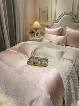 Hosszú vágott pamut négy darab szett, rózsaszín csipke forró gyémánt csillogó hercegnő francia ágynemű