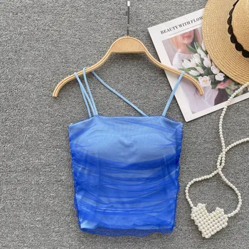Női Szexi Nyári Streetwear Camis Háló Puszta Kék Fűző Szabálytalanság Heveder Body Elasztikus Pamut-Szeres Slash Nyak Crop Top