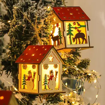 Szarvas Dísz Led-es Fa Ház Dekoráció Miniatűr Izzó Kabin Kézműves Karácsonyi Fa elemes Dísz, Ajándék Diy