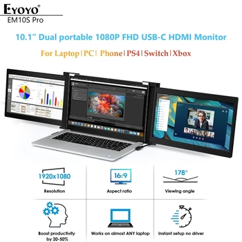 Eyoyo Hordozható Monitor 10.1 Inch USB-C Számítógép HD Megjelenítés Full HD 1920x1080p IPS kijelző Gaming Monitor Laptop, PC, Mobil PS4