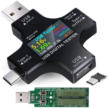 USB-C Teszter Set 2 1 C Típusú USB-Teszter Színes kijelző IPS Digitális Voltmérő,Feszültség,Áram,Teljesítmény,Hőmérséklet,A Terhelés