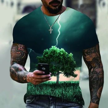 2023 Nyári Férfi Nagyméretű Kerek Nyak Alkalmi póló Villám Természeti Táj 3D Nyomtatott Férfi Kerek Nyakú, Rövid Ujjú Felső