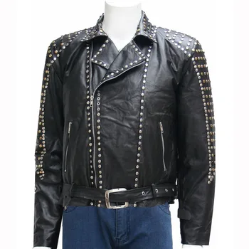 Retro Punk Rock Utca Szegecs PU bőr Kabát Kézzel készített 100% Fekete Silm Motorkerékpár Cipzár Téli Outwear